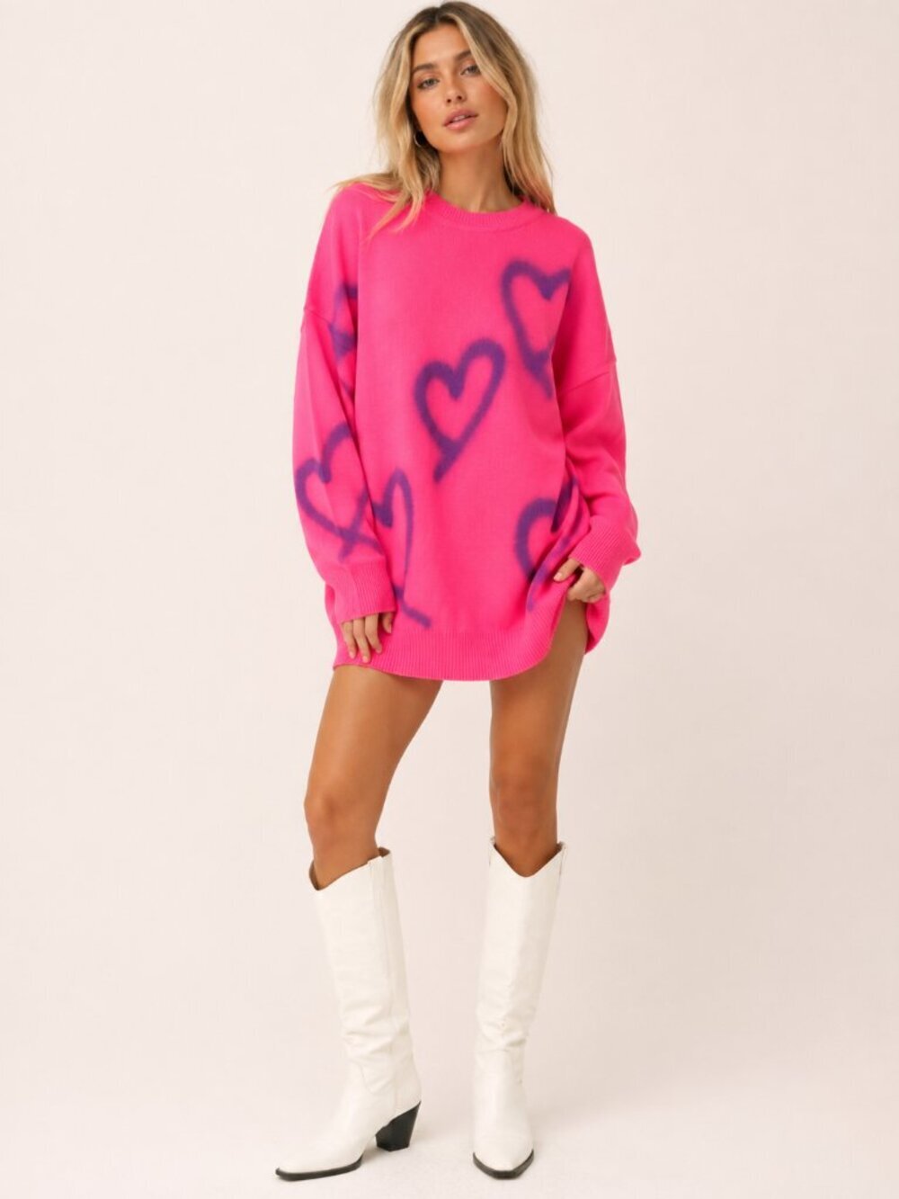 Storets Neon Pink Spray Paint Heart Sweater Dress Oversized Knit Crewneck S / M